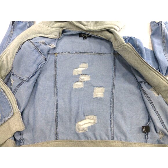 Distressed Denim Hooded Jacket With Playful Rips & Layered Style 1X Thrill Jeans - Picture 11 of 13